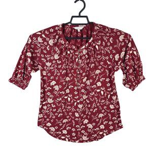 Womens Lucky Brand Floral Print Maroon Blouse 3/4 Sleeves & Button Detail Size M